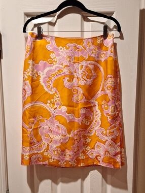 Ann Taylor - Orange and Pink Paisley Silk Pencil Skirt - 8P